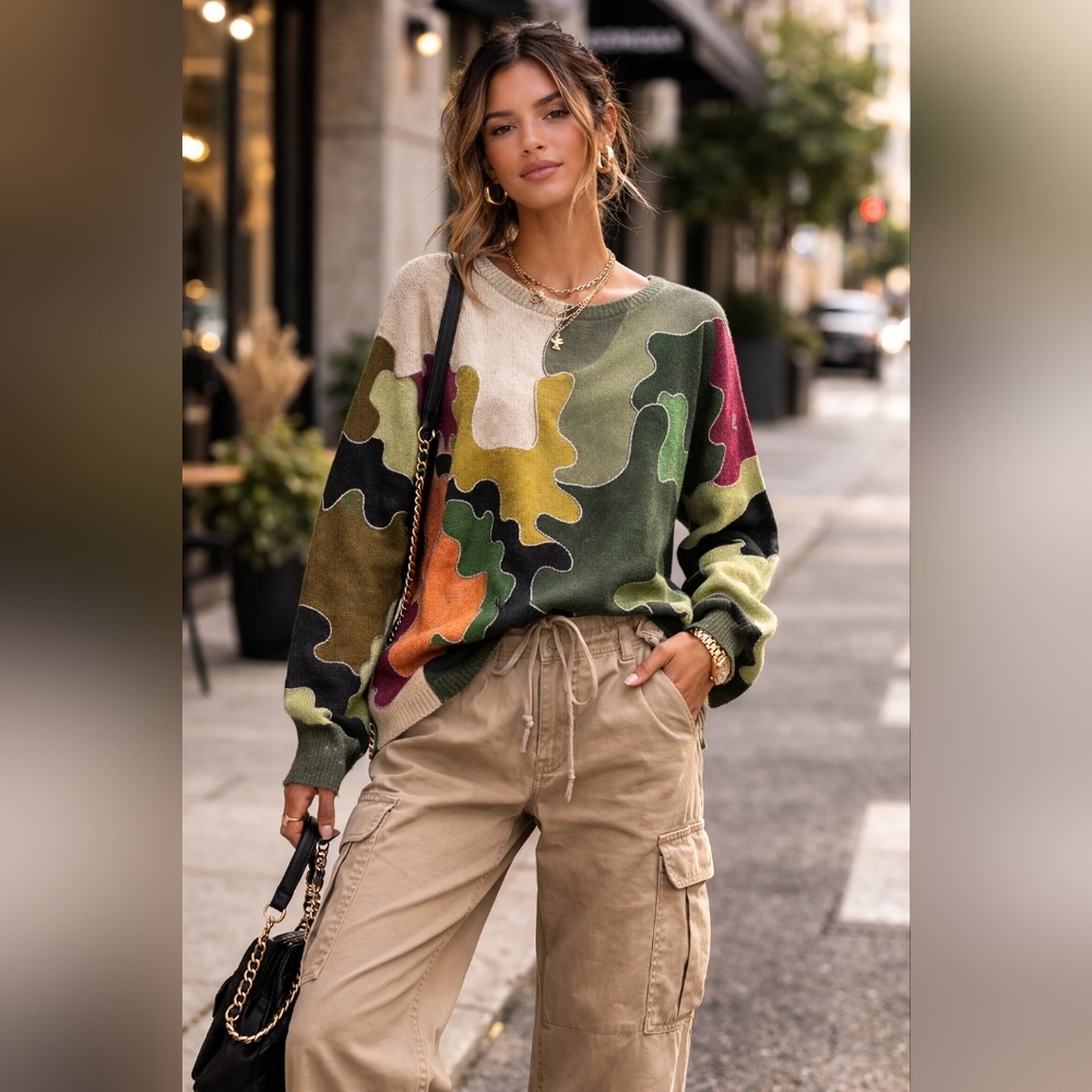 Camo Print Knit Sweater Made in Italy | Chic Oversized Dolman Top - Picture 5 of 6